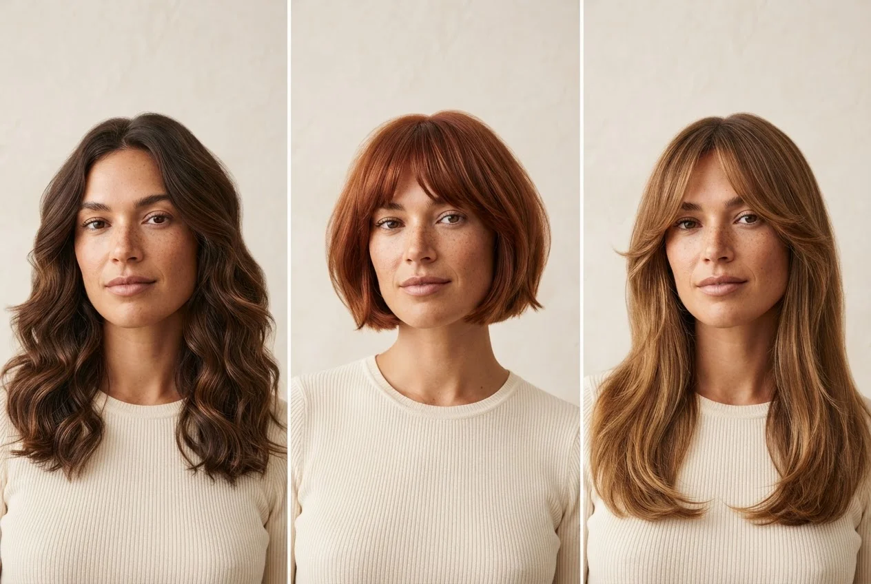 Illustrative portraits of one woman with long brunette hair, a copper bob and soft layers